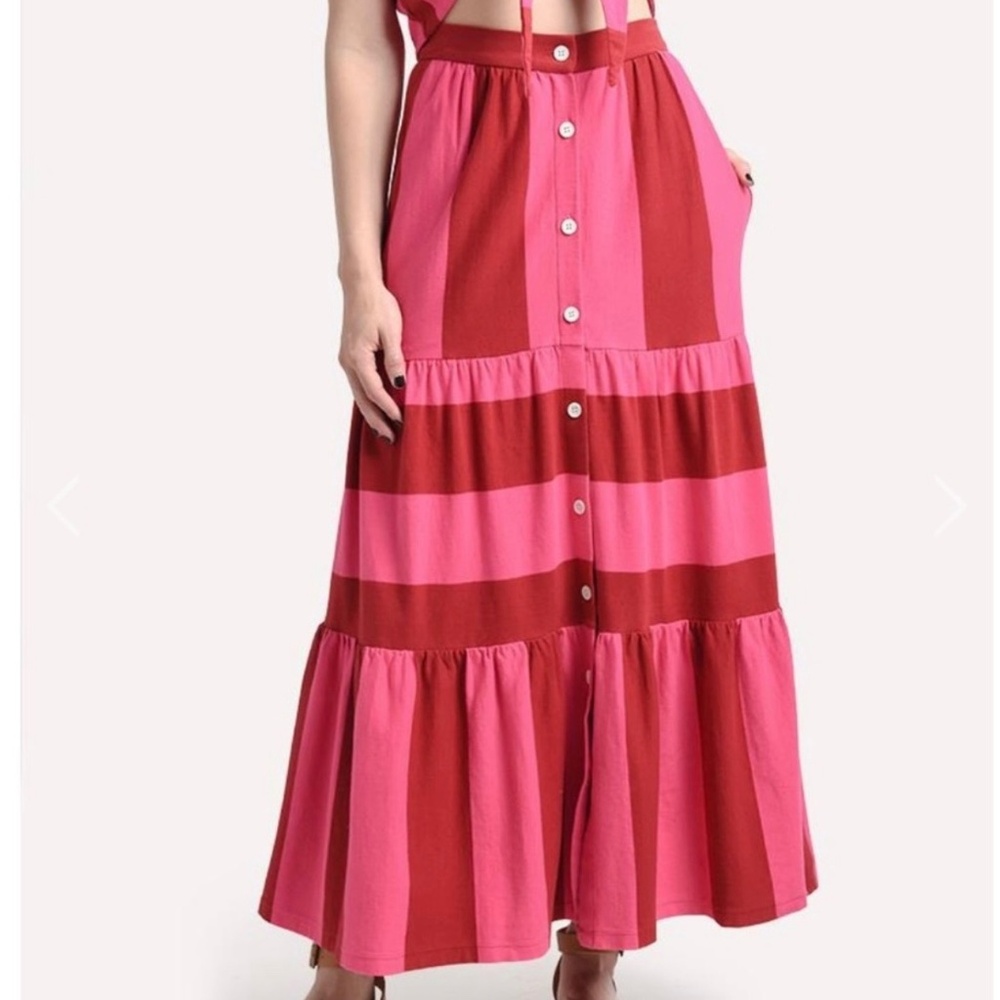MDS Stripes Knit Tiered Skirt Pink and Red striped Cotton Skirt Coastal